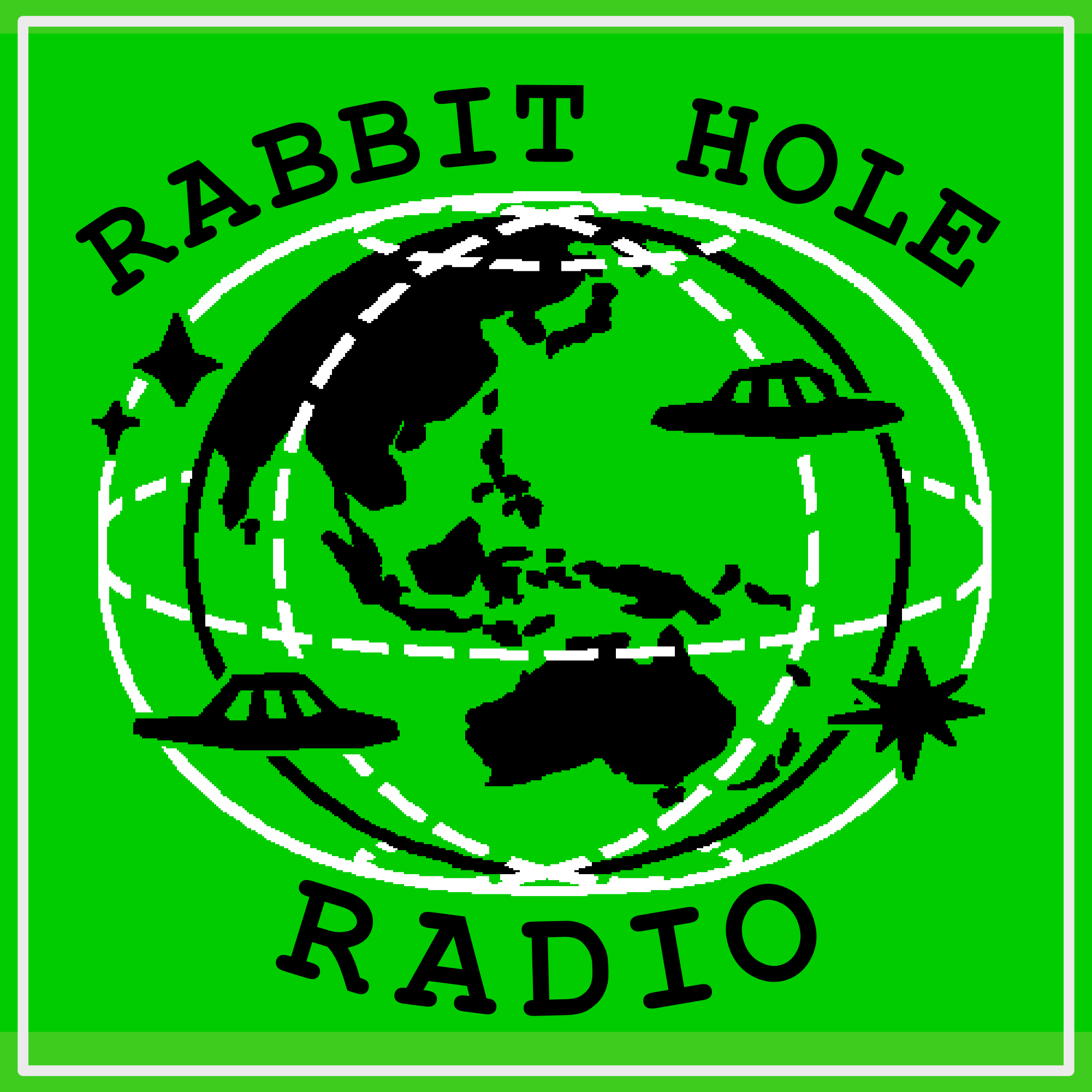 show poster, bright green background. A hand-drawn, but pixelated, globe intercut with longitude and latitude lines in which ufos and stars are flying around. It looks like an old alien zine cover.