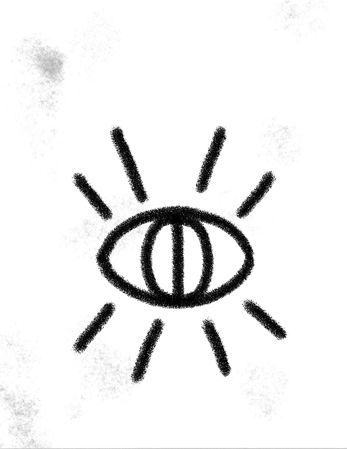 back page. A snake's eye radiating with sun's rays.