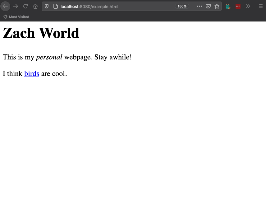 browser displaying basic webpage, with blue link showing