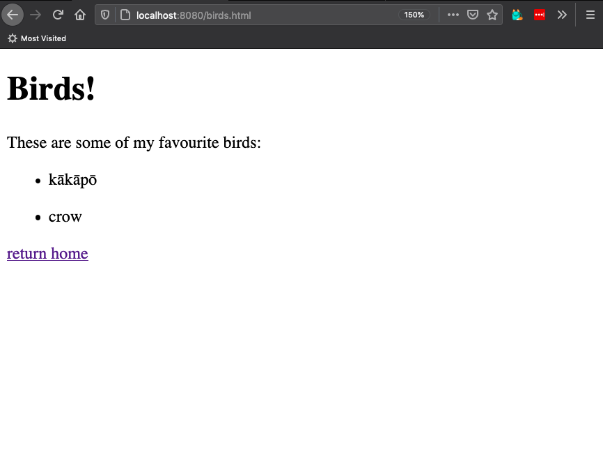 browser displaying bulleted list of
birds